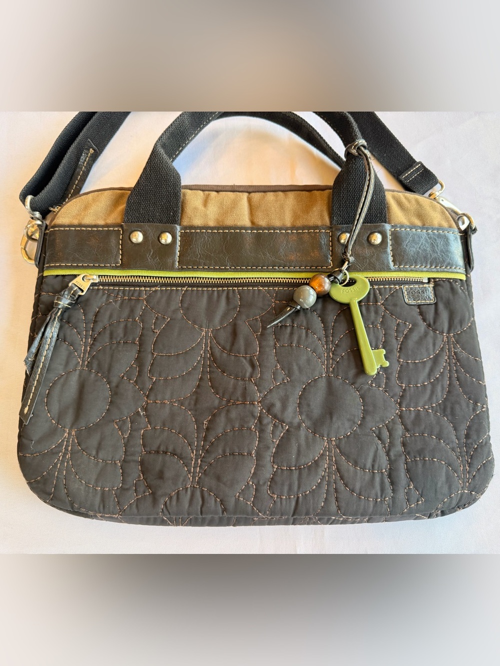 Fossil Key-Per Floral Quilted Laptop Bag with Dual Straps and Charm